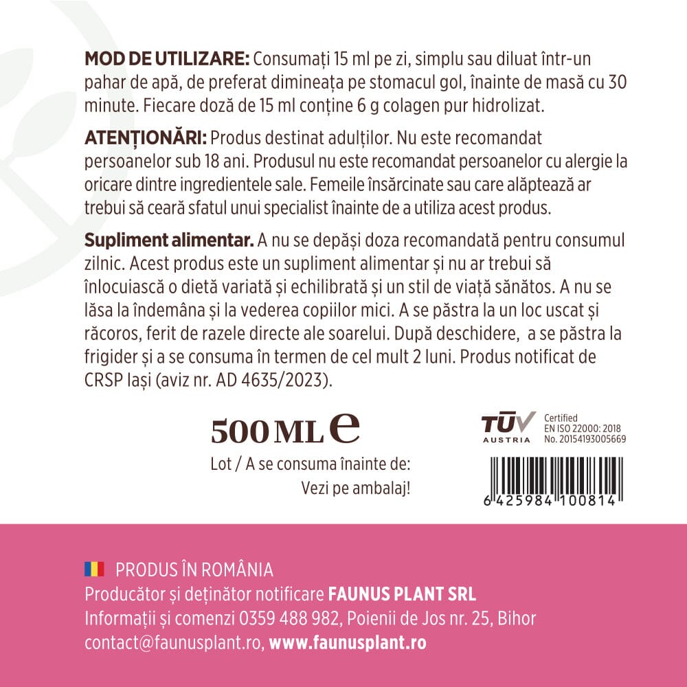 Colagenus Frumusețe - Colagen lichid hidrolizat cu acid hialuronic și biotină. Flacon 500ml. Susține sănătatea și frumusețea pielii, unghiilor și părului. Reduce ridurile și căderea părului. Întărește unghiile Supliment alimentar Faunus Plant 