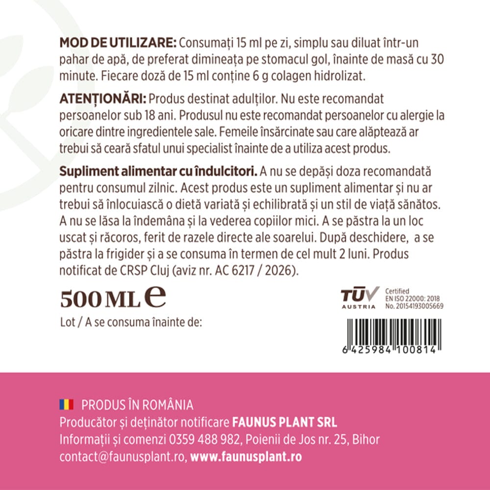Colagenus Frumusețe - Colagen lichid hidrolizat cu acid hialuronic și biotină. Flacon 500ml. Susține sănătatea și frumusețea pielii, unghiilor și părului. Reduce ridurile și căderea părului. Întărește unghiile Supliment alimentar Faunus Plant 