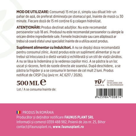 Colagenus Frumusețe - Colagen lichid hidrolizat cu acid hialuronic și biotină. Flacon 500ml. Susține sănătatea și frumusețea pielii, unghiilor și părului. Reduce ridurile și căderea părului. Întărește unghiile Supliment alimentar Faunus Plant 