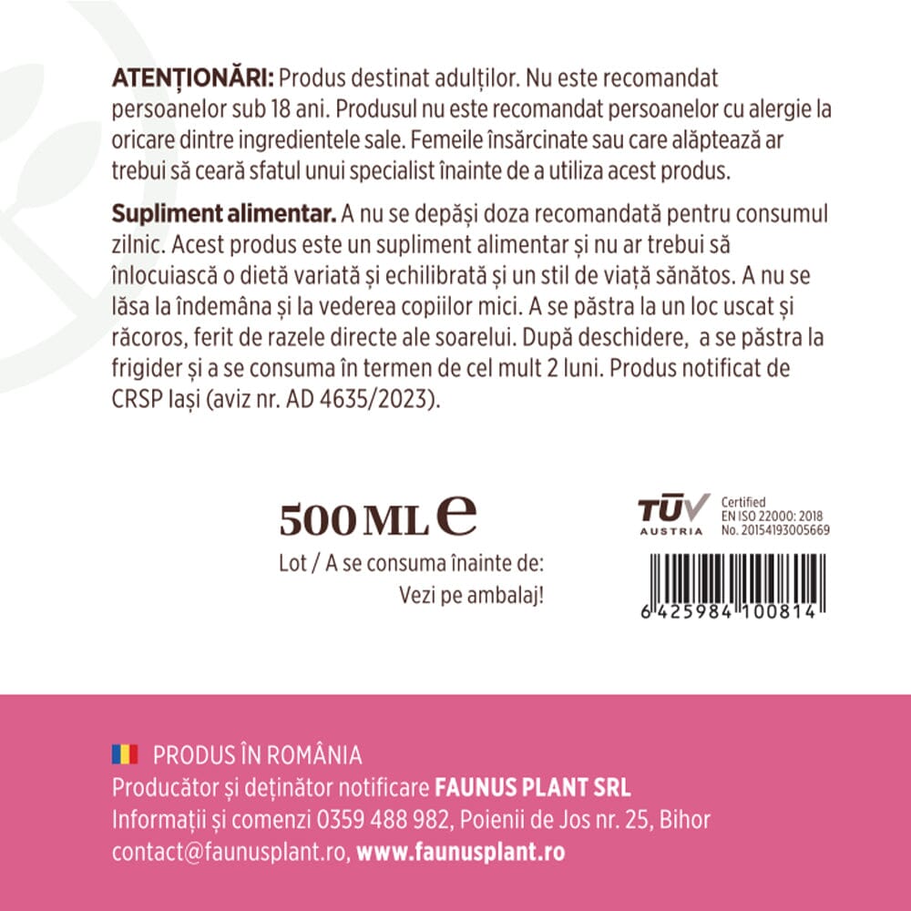 Colagenus Frumusețe - Colagen lichid hidrolizat cu acid hialuronic și biotină. Flacon 500ml. Susține sănătatea și frumusețea pielii, unghiilor și părului. Reduce ridurile și căderea părului. Întărește unghiile Supliment alimentar Faunus Plant 
