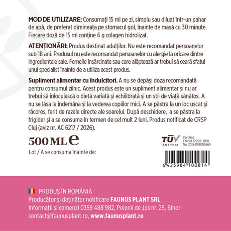 Colagenus Frumusețe - Colagen lichid hidrolizat cu acid hialuronic și biotină. Flacon 500ml. Susține sănătatea și frumusețea pielii, unghiilor și părului. Reduce ridurile și căderea părului. Întărește unghiile Supliment alimentar Faunus Plant 