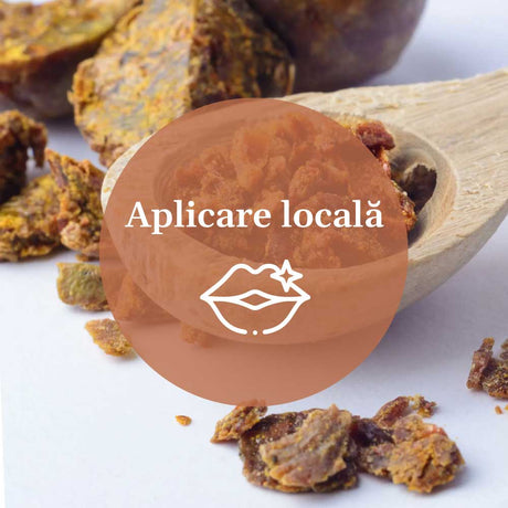 Element grafic pentru aplicarea Balsamului de Buze cu Propolis de la Faunus Plant, cu textul ‘Aplicare locală’ și ilustrație grafică cu buze pe fundalul unei imagini cu propolis.