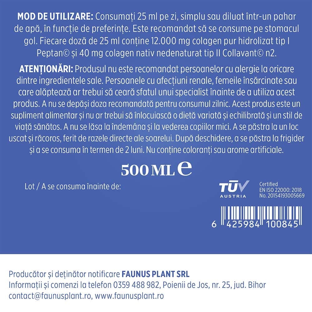 Colagenus Articulații Forte - Colagen lichid concentrat, 12.000mg colagen tip 1 și 40mg colagen tip 2. Flacon 500ml. Susține sănătatea articulațiilor, reducerea inflamațiilor și durerii reumatice, refacerea mușchilor și ligamentelor Supliment alimentar Faunus Plant 