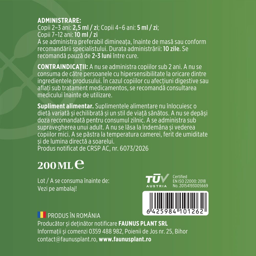 Helmio Copii – Sirop blând din plante medicinale și prebiotic pentru digestie și echilibru intestinal. Flacon 200 ml Sirop Faunus Plant 
