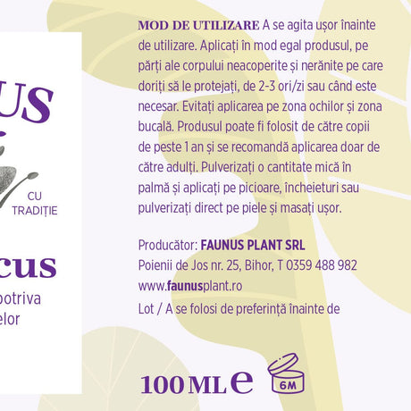 Țânțaricus - Loțiune. Flacon 100ml. Extract din ingrediente naturale pentru protejarea pielii de țânțari și căpușe Lotiune Faunus Plant 