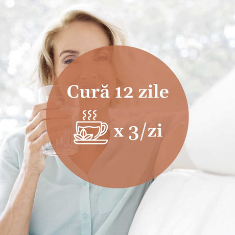 Instrucțiuni grafice pentru modul de administrare a Ceaiului Renalus 90g de la Faunus Plant, indicând o cură de 12 zile cu 3 căni pe zi.