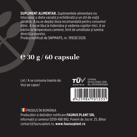 Nucă Neagră – Extract Standardizat 400 mg pentru echilibru intestinal și confort digestiv. Etichetă curată. Flacon 60 capsule Supliment alimentar Faunus Plant 