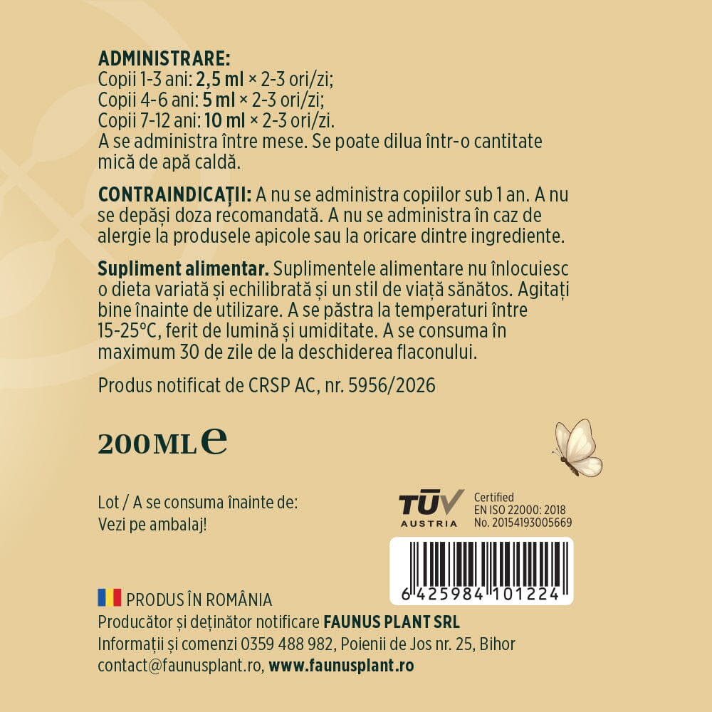 Respiratorus Gât Fericit – Sirop pentru copii. Susține confortul gâtului și căilor respiratorii. Flacon 200ml Sirop cu miere Faunus Plant 
