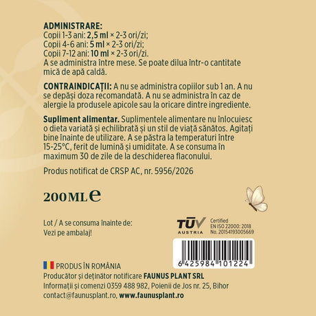 Respiratorus Gât Fericit – Sirop pentru copii. Susține confortul gâtului și căilor respiratorii. Flacon 200ml Sirop cu miere Faunus Plant 