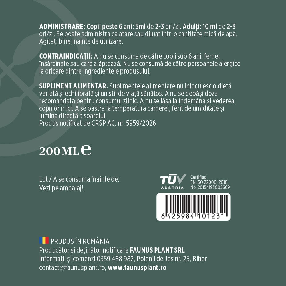 Respiratorus Gât Liniștit – Sirop pentru tuse cu rol emolient și calmant pentru gâtul iritat. Flacon 200ml Sirop cu miere Faunus Plant 