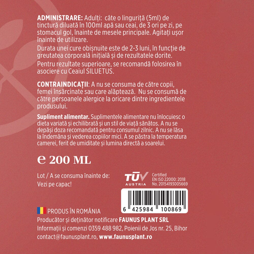 Siluetus - Tinctură fără alcool. Flacon 200ml. Formulǎ unică naturalǎ din 9 plante medicinale pentru reducerea greutății, arderea grăsimilor și detoxifiere Tinctura Compusa Faunus Plant 