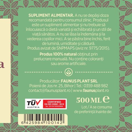 Eticheta lateral dreapta desfășurată pentru Sirop Echinacea 500 ml de la Faunus Plant care afișează condiții de păstrare, faptul că produsul este natural și fabricat manual, detalii producător, cod de bare, cantitate și logo certificare TUV Austria. | Cantitate - 500ml