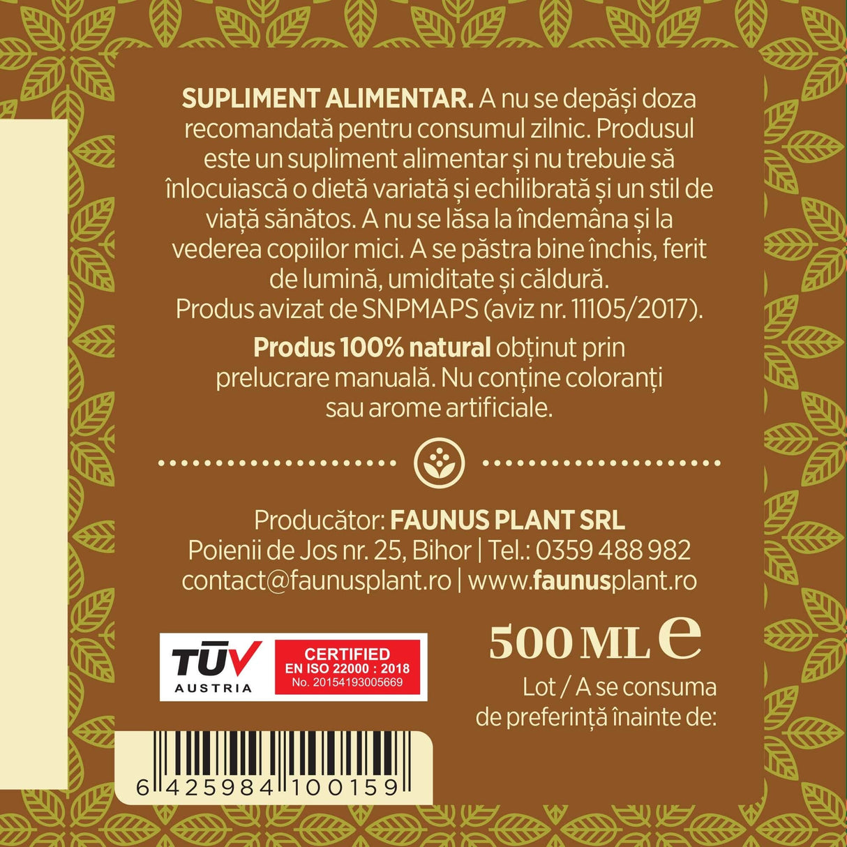 Etichetă dreapta desfășurată pentru Sirop Ghimbir 500ml de la Faunus Plant care oferă recomandări și precauții și sublinează faptul că produsul are certificare TUV Austria, apare logo-ul, un cod de bare și termenul de valabilitate.