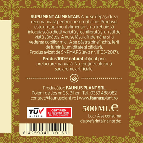 Etichetă dreapta desfășurată pentru Sirop Ghimbir 500ml de la Faunus Plant care oferă recomandări și precauții și sublinează faptul că produsul are certificare TUV Austria, apare logo-ul, un cod de bare și termenul de valabilitate. | Cantitate - 500ml