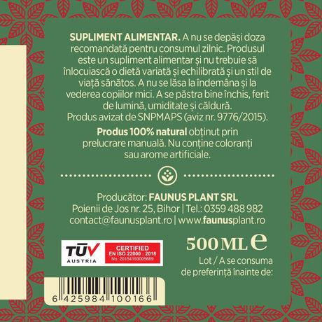 Etichetă desfășurată pentru Sirop Măceșe 500 ml care oferă recomandări și precauții și sublinează faptul că produsul are certificare TUV Austria, apare logo-ul, un cod de bare și termenul de valabilitate. | Cantitate - 500ml