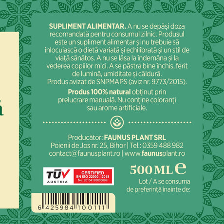 Etichetă dreapta desfășurată pentru Sirop Pătlagină 500ml care oferă recomandări și precauții și sublinează faptul că produsul are certificare TUV Austria, apare logo-ul, un cod de bare și termenul de valabilitate. | Cantitate - 500ml