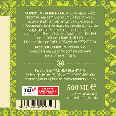 Etichetă desfășurată pentru Sirop Pin 500ml care oferă recomandări și precauții și sublinează faptul că produsul are certificare TUV Austria, apare logo-ul, un cod de bare și termenul de valabilitate.  | Cantitate - 500ml