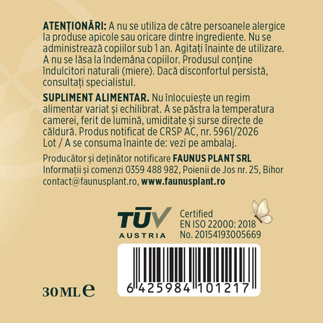 Respiratorus Gât Fericit - Spray de gât copii cu extracte naturale, propolis și miere. Efect calmant și hidratant. Flacon 30 ml Sprayuri Faunus Plant 