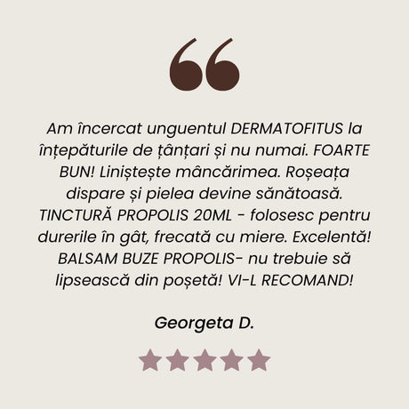 Testimonial al unui client mulțumit care a folosit Pachetul Arsuri, Răni și Mușcături de la Faunus Plant.