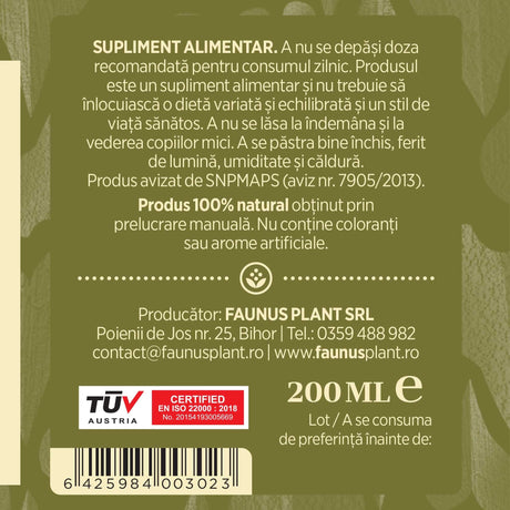 Etichetă dreapta desfășurată a tincturii de Afin 200 ml care oferă recomandări și precauții și sublinează faptul că produsul are certificare TUV Austria, apare logo-ul, un cod de bare și termenul de valabilitate | Cantitate - 200ml