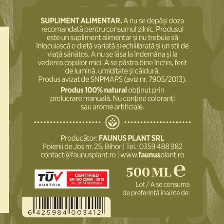 Etichetă dreapta desfășurată a tincturii de Afin 500 ml care oferă recomandări și precauții și sublinează faptul că produsul are certificare TUV Austria, apare logo-ul, un cod de bare și termenul de valabilitate | Cantitate - 500ml