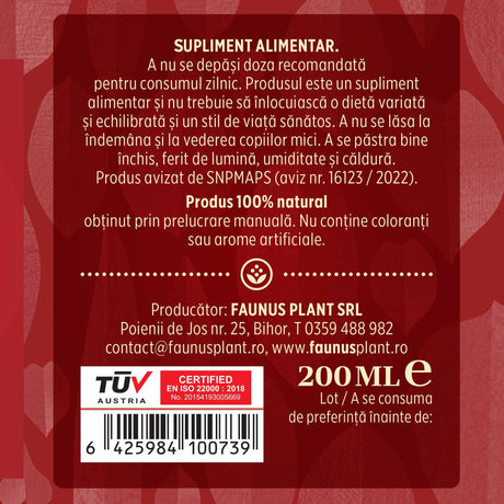 Etichetă dreapta desfășurată a tincturii Afrodisiacus 200 ml care oferă recomandări și precauții și sublinează faptul că produsul are certificare TUV Austria, apare logo-ul, un cod de bare și termenul de valabilitate
