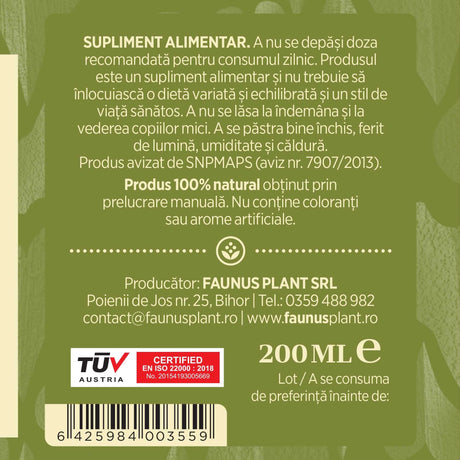 Etichetă dreapta desfășurată a tincturii Ardei Iute 200 ml care oferă recomandări și precauții și sublinează faptul că produsul are certificare TUV Austria, apare logo-ul, un cod de bare și termenul de valabilitate