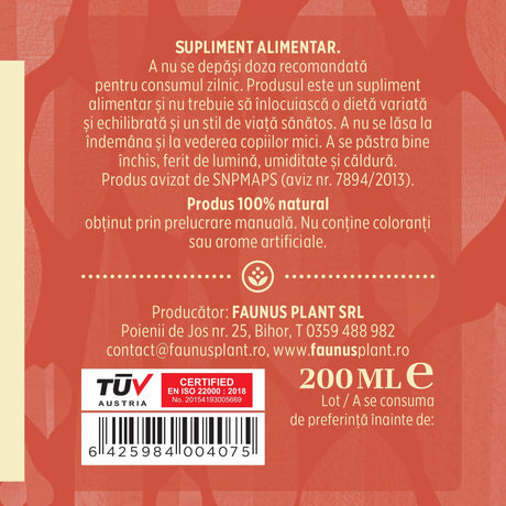 Etichetă dreapta desfășurată Tinctură Circulatorus 200 ml care oferă recomandări și precauții și sublinează faptul că produsul are certificare TUV Austria, apare logo-ul, un cod de bare și termenul de valabilitate