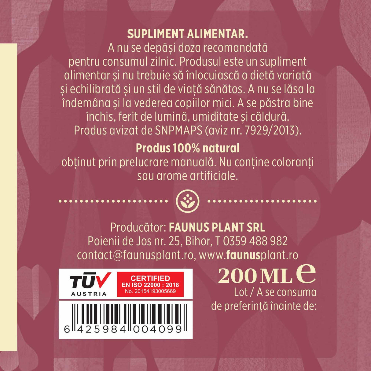 Colesterolus - Tinctură. Flacon 200ml. Extract hidroalcoolic concentrat din plante medicinale pentru reglarea colesterolului şi grăsimilor din sânge Tinctura Compusa Faunus Plant 