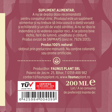 Etichetă dreapta desfășurată Tinctură Colesterolus 200 ml care oferă recomandări și precauții și sublinează faptul că produsul are certificare TUV Austria, apare logo-ul, un cod de bare și termenul de valabilitate