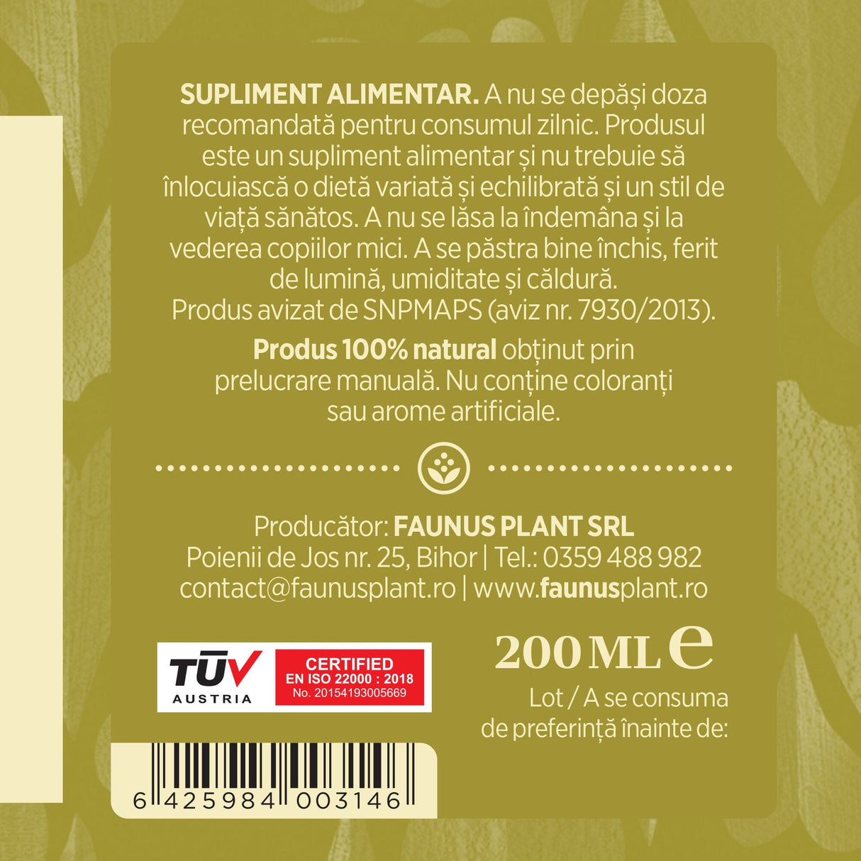 Ghințură - Tinctură. Flacon 200 ml. Extract hidroalcoolic concentrat din ghințură pentru stimularea funcției hepatice Tinctura Simpla Faunus Plant 