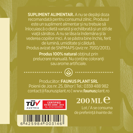 Etichetă dreapta desfășurată Tinctură Ghințura 200 ml care oferă recomandări și precauții și sublinează faptul că produsul are certificare TUV Austria, apare logo-ul, un cod de bare și termenul de valabilitate. | Cantitate - 200ml