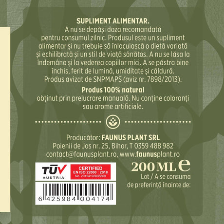 Etichetă dreapta desfășurată Tinctură Hepatobiliarus 200 ml care oferă recomandări și precauții și sublinează faptul că produsul are certificare TUV Austria, apare logo-ul, un cod de bare și termenul de valabilitate.