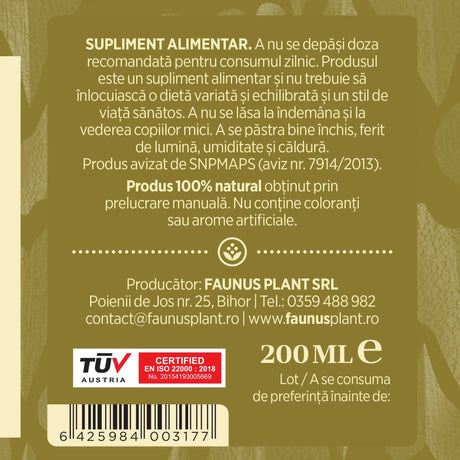 Etichetă dreapta desfășurată Tinctură Ienupăr 200 ml care oferă recomandări și precauții și sublinează faptul că produsul are certificare TUV Austria, apare logo-ul, un cod de bare și termenul de valabilitate. | Cantitate - 200ml