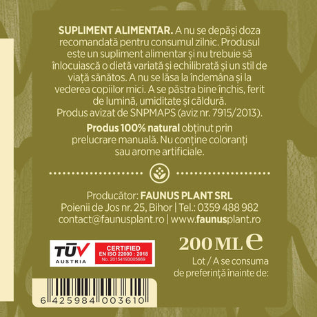 Etichetă dreapta desfășurată Tinctură Lavandă 200 ml care oferă recomandări și precauții și sublinează faptul că produsul are certificare TUV Austria, apare logo-ul, un cod de bare și termenul de valabilitate.