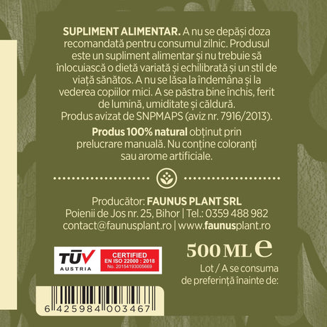 Etichetă dreapta desfășurată Tinctură Leurdă 500 ml care oferă recomandări și precauții și sublinează faptul că produsul are certificare TUV Austria, apare logo-ul, un cod de bare și termenul de valabilitate. | Cantitate - 500ml
