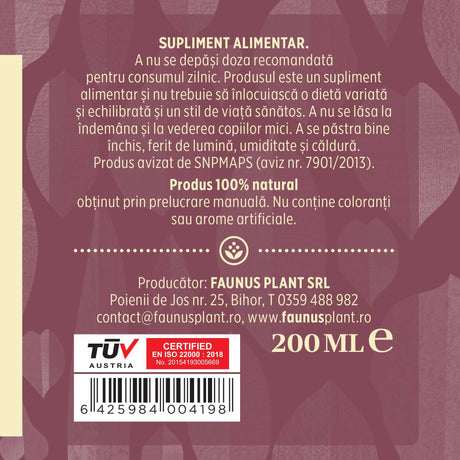Etichetă dreapta desfășurată Tinctura Nervocalmus 200 ml care oferă recomandări și precauții și sublinează faptul că produsul are certificare TUV Austria, apare logo-ul, un cod de bare și termenul de valabilitate.