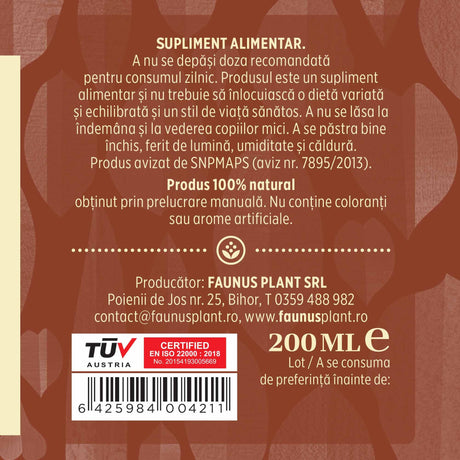 Etichetă dreapta desfășurată Tinctura Normotensius 200 ml care oferă recomandări și precauții și sublinează faptul că produsul are certificare TUV Austria, apare logo-ul, un cod de bare și termenul de valabilitate.