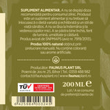 Etichetă dreapta desfășurată Tinctura Păducel 200 ml care oferă recomandări și precauții și sublinează faptul că produsul are certificare TUV Austria, apare logo-ul, un cod de bare și termenul de valabilitate.