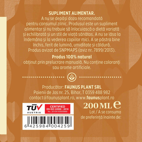Etichetă dreapta desfășurată Tinctura Renalus 200 ml care oferă recomandări și precauții și sublinează faptul că produsul are certificare TUV Austria, apare logo-ul, un cod de bare și termenul de valabilitate.
