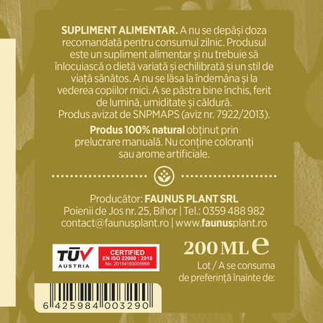 Etichetă dreapta desfășurată Tinctura Sânziene 200 ml care oferă recomandări și precauții și sublinează faptul că produsul are certificare TUV Austria, apare logo-ul, un cod de bare și termenul de valabilitate. | Cantitate - 200ml