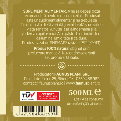 Etichetă dreapta desfășurată Tinctura Sânziene 500 ml care oferă recomandări și precauții și sublinează faptul că produsul are certificare TUV Austria, apare logo-ul, un cod de bare și termenul de valabilitate. | Cantitate - 500ml