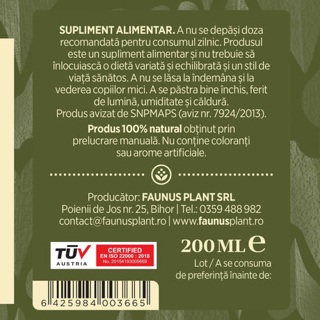 Etichetă desfășurată lateral dreapta Tinctură Urzică 200ml oferă recomandări de utilizare, descrie condițiile de păstrare, spune că produsul este natural, e fabricat manual și are certificare TUV. Oferă detalii despre producător, cod de bare, respectiv cantitate.
