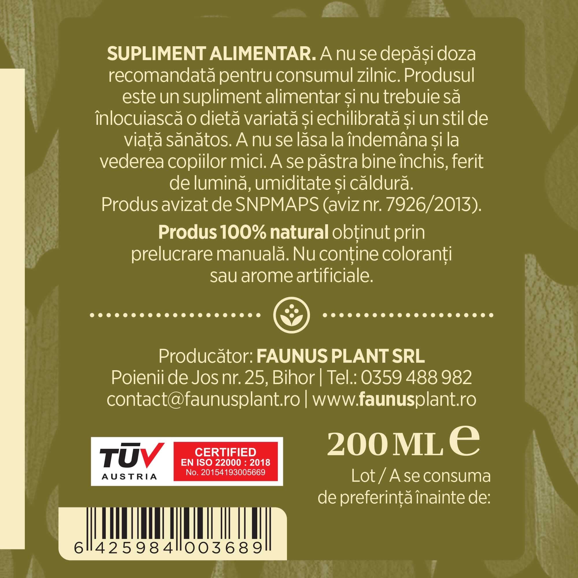 Etichetă desfășurată lateral dreapta Tinctură Vâsc 200ml oferă recomandări de utilizare, descrie condițiile de păstrare, spune că produsul este natural, e fabricat manual și are certificare TUV. Oferă detalii despre producător, cod de bare, respectiv cantitate.