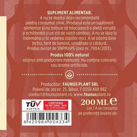 Etichetă desfășurată lateral dreapta Tinctură Vitaminizantus 200ml oferă recomandări de utilizare, descrie condițiile de păstrare, spune că produsul este natural, e fabricat manual și are certificare TUV. Oferă detalii despre producător, cod de bare, respectiv cantitate.