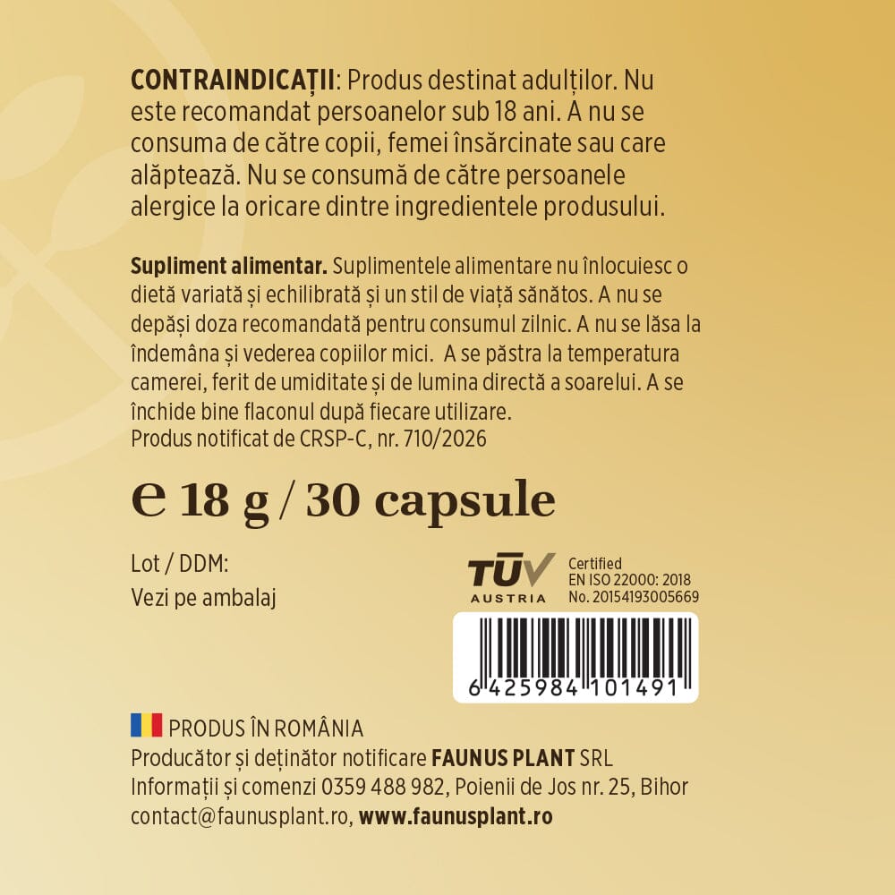Etichetă desfășurată capsule Vitamina D3 4000 UI de la Faunus Plant, cu atenționări, cantitate și detalii despre producător, cod de bare și logo TUV Austria.