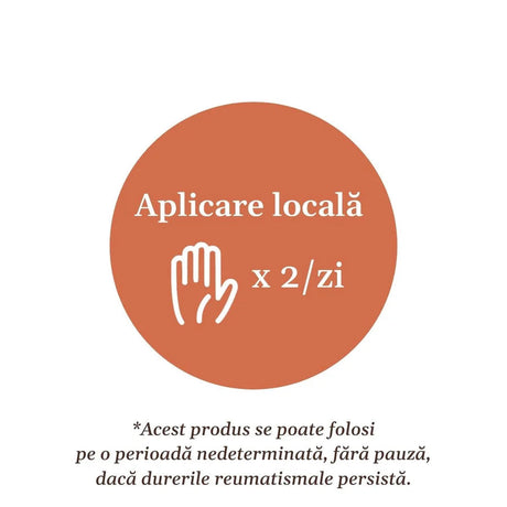Element grafic circular afișat pe mijloc cu un text despre modul de aplicare, sugerând aplicare locală de 2 ori pe zi.