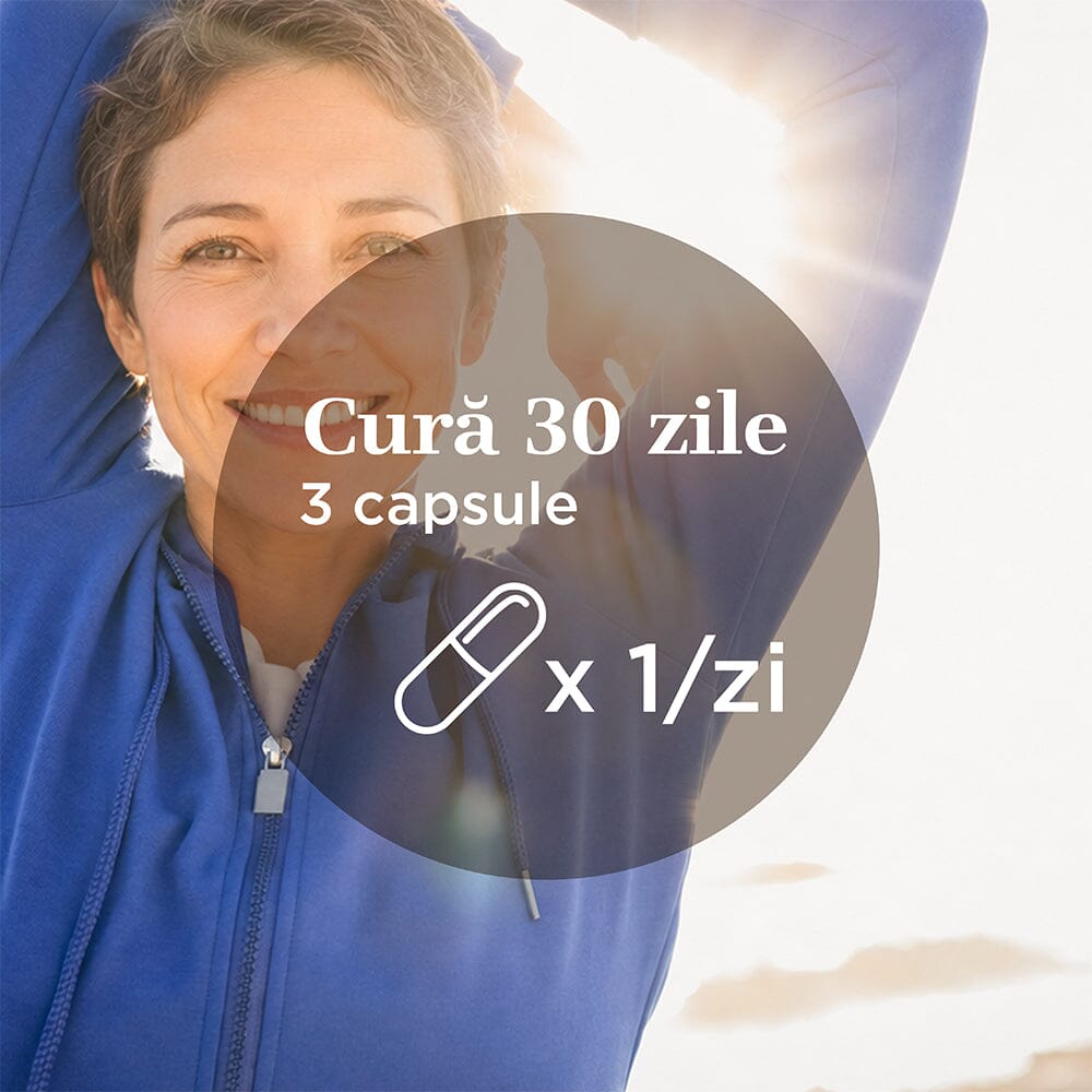 Imagine cu un element grafic circular central având scrisă cura de 30 zile cu 3 capsule pe zi pentru Colagenus Articulații Forte capsule, iar pe fundal o femeie în aer liber care are brațele deasupra capului și zâmbește.