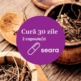 Element grafic circular afișat pe mijloc cu un text despre cura de 30 de zile cu Calmenor Noapte capsule, sugerând 2 capsule seara timp de 30 zile, având pe fundal imagini cu mojar de lemn cu plante uscate în interior și o lingură de lemn.