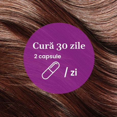 Element grafic circular afișat pe mijloc cu un text despre cura de 30 de zile cu Folicalis, câte 2 capsule pe zi, având pe fundal imagine cu un păr bogat, de culoare castanie.